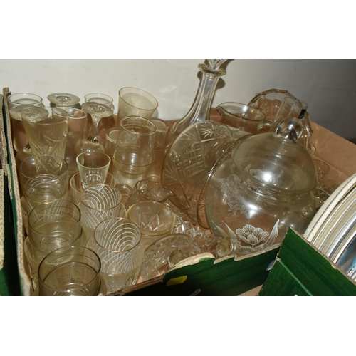 499 - FOUR BOXES OF GLASSWARE AND CERAMICS, to include a Czechoslovakian tea set decorated with blue swall... 