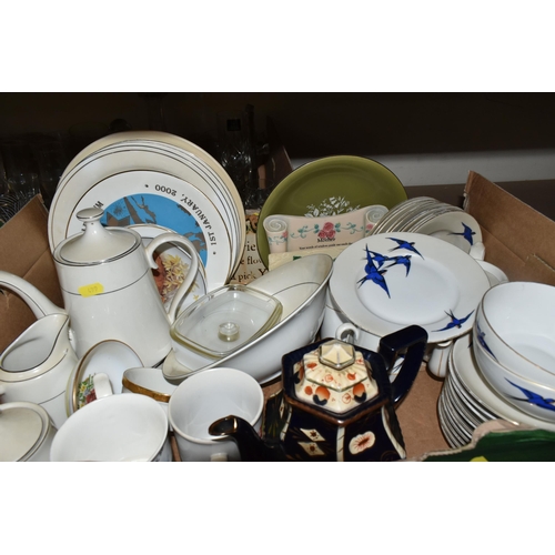 499 - FOUR BOXES OF GLASSWARE AND CERAMICS, to include a Czechoslovakian tea set decorated with blue swall... 