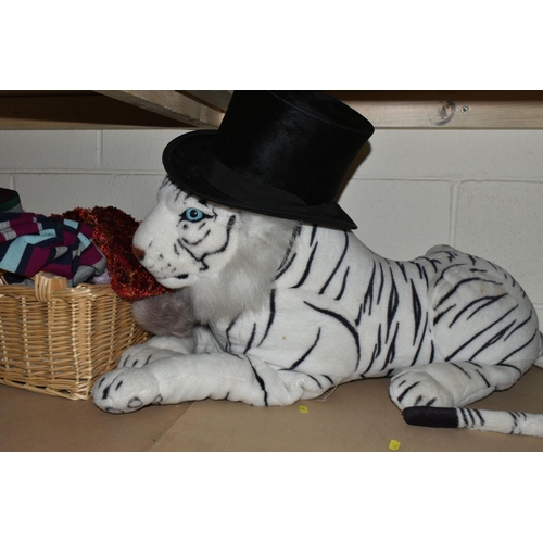 503 - ONE BOX OF SUNDRIES, to include a top hat by F.W Longmore, a large white tiger, ladies' gloves and s... 