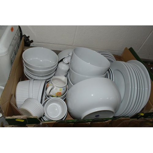 505 - SIX BOXES OF DINNERWARE, GLASSWARE AND KITCHEN EQUIPMENT, to include a Russell Hobbs 'Breadman Ultim... 