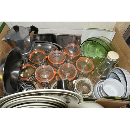 505 - SIX BOXES OF DINNERWARE, GLASSWARE AND KITCHEN EQUIPMENT, to include a Russell Hobbs 'Breadman Ultim... 