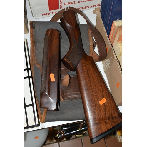 513 - A WALNUT FOREND AND GUN STOCK WITH A BISLEY CANVAS AND LEATHER TRIMMED SLIP, the forend stamped 791 ... 