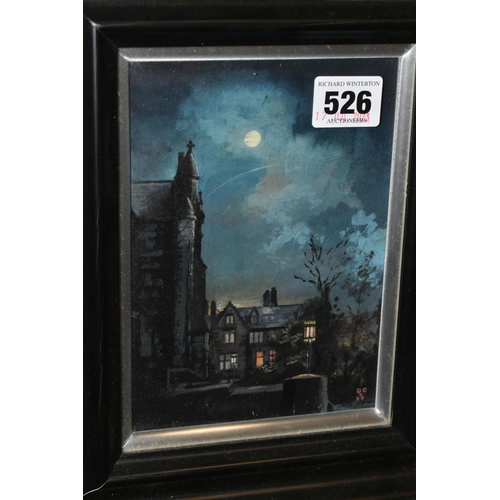 526 - TEN PAINTINGS AND PRINTS, comprising a grand building illuminated by moonlight, initialled and dated... 