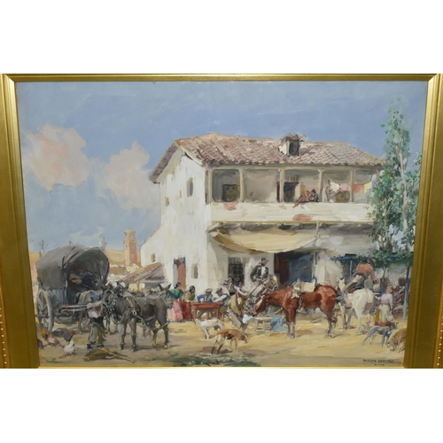 530 - ROBERTO DOMINGO (1883-1956) 'PARADOR DEL SEVILLANO, MADRID', a scene outside a Spanish bar with figu... 