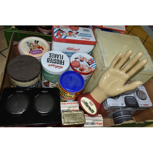 534 - THREE BOXES OF ADVERTISING TINS AND SUNDRY ITEMS, a selection of vintage and reproduction advertisin... 