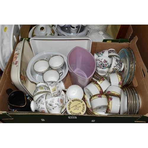 537 - FOUR BOXES OF CERAMICS, GLASS, TOYS, GAMES AND KITCHENALIA, including assorted part tea sets by Coal... 