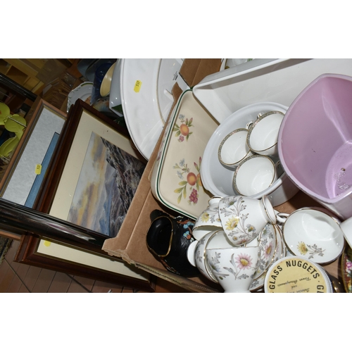 537 - FOUR BOXES OF CERAMICS, GLASS, TOYS, GAMES AND KITCHENALIA, including assorted part tea sets by Coal... 