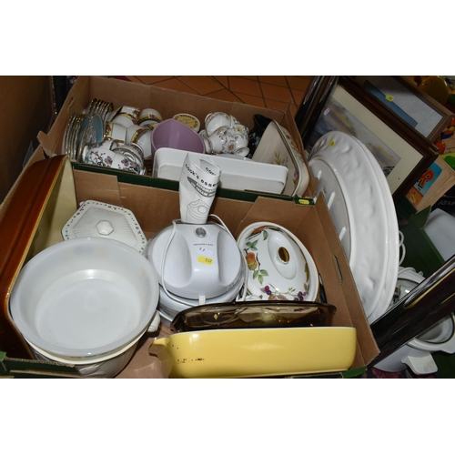 537 - FOUR BOXES OF CERAMICS, GLASS, TOYS, GAMES AND KITCHENALIA, including assorted part tea sets by Coal... 