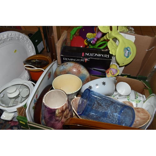 537 - FOUR BOXES OF CERAMICS, GLASS, TOYS, GAMES AND KITCHENALIA, including assorted part tea sets by Coal... 