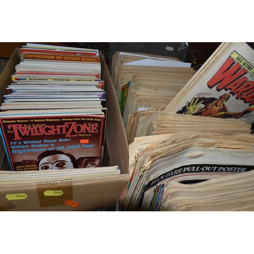 540 - FOUR BOXES OF COMICS, MAGAZINES AND BOOKS, including 'Bullet' (incomplete run between no's 8 and 90)... 