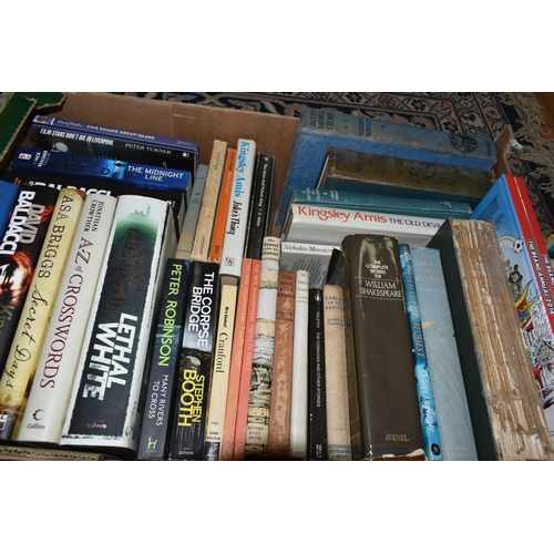 542 - FIVE BOXES OF BOOKS containing approximately 210 miscellaneous titles in hardback and paperback form... 