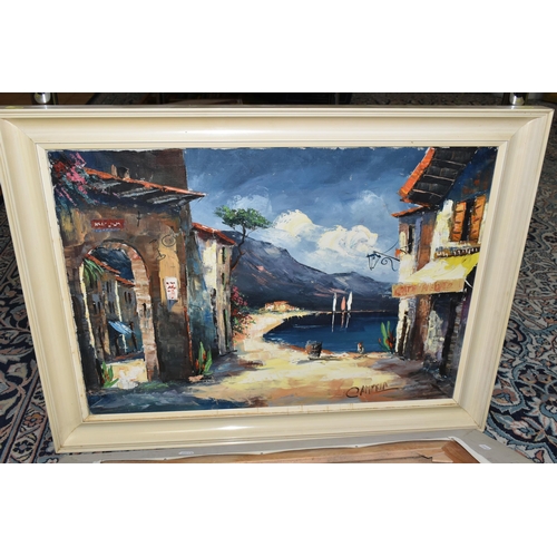 549 - SIX 20TH CENTURY OIL PAINTINGS, comprising a continental lakeside village signed Campria, oil on can... 