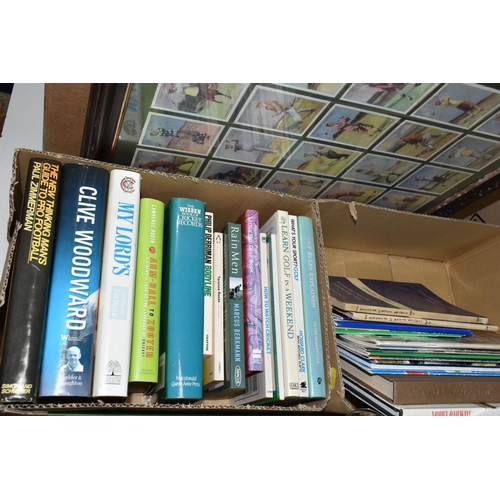 550 - FIVE BOXES AND LOOSE BOOKS AND FRAMED CIGARETTE CARDS, to include approximately sixty five books, in... 