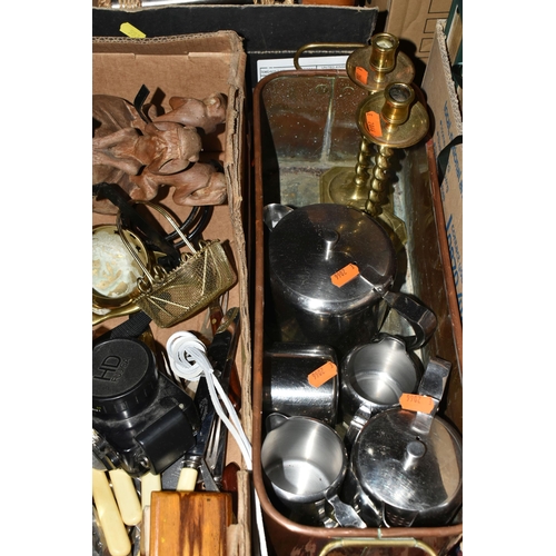 553 - TWO BOXES AND LOOSE METALWARES AND SUNDRY ITEMS, to include two pairs of number plates - one Swiss w... 