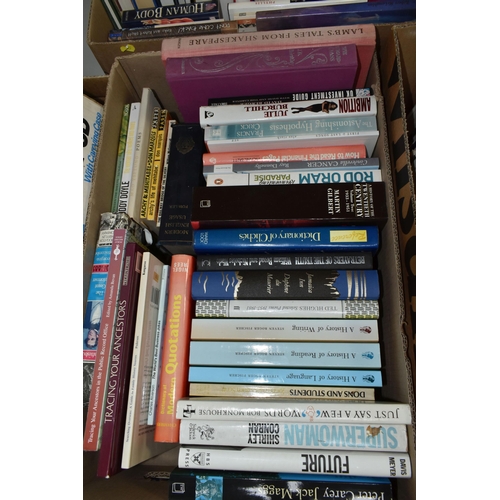 555 - SIX BOXES OF BOOKS, approximately one hundred and fifty hardback and paperback titles to include fic... 