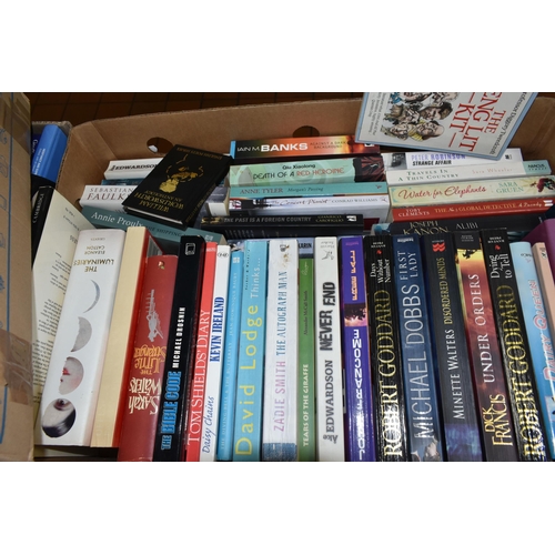 555 - SIX BOXES OF BOOKS, approximately one hundred and fifty hardback and paperback titles to include fic... 