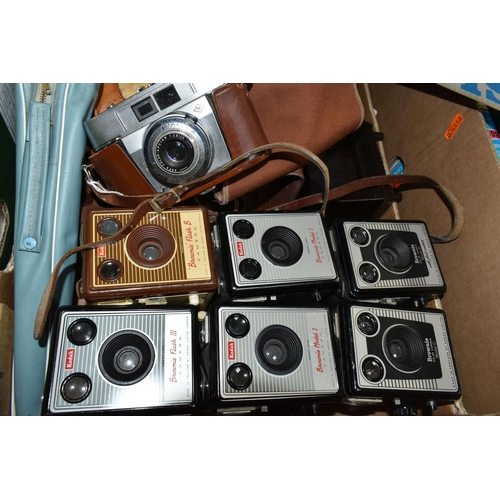 556 - A BOX OF CAMERAS AND PHOTOGRAPHY EQUIPMENT, to include a cased Agfa camera with f2.8 45mm lens, a ca... 