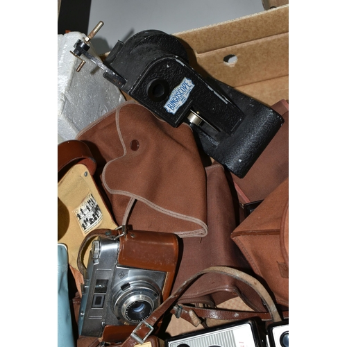 556 - A BOX OF CAMERAS AND PHOTOGRAPHY EQUIPMENT, to include a cased Agfa camera with f2.8 45mm lens, a ca... 