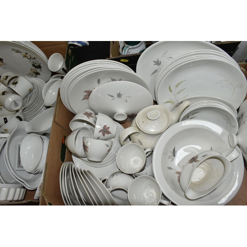 557 - FOUR BOXES OF CERAMIC DINNER WARES, to include a forty six piece Royal Doulton Tumbling Leaves TC100... 