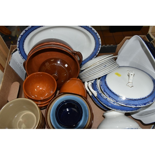 557 - FOUR BOXES OF CERAMIC DINNER WARES, to include a forty six piece Royal Doulton Tumbling Leaves TC100... 