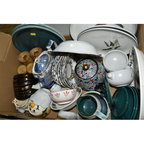 557 - FOUR BOXES OF CERAMIC DINNER WARES, to include a forty six piece Royal Doulton Tumbling Leaves TC100... 