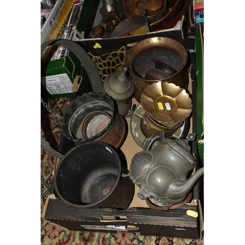 558 - TWO BOXES OF METAL WARES, to include a large oval copper pan with brass paw feet, length 53cm x widt... 