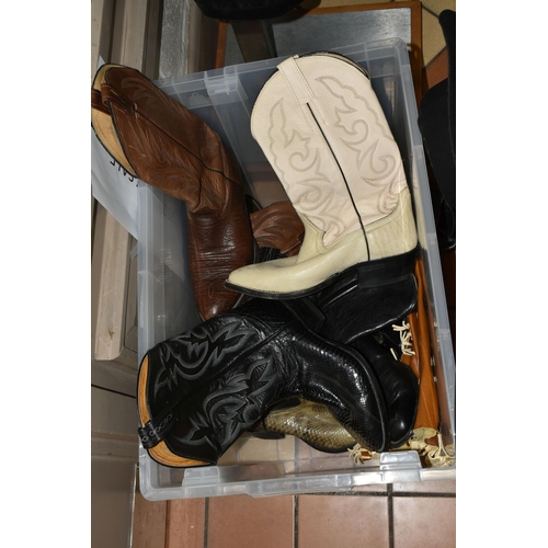 565 - TWO BOXES OF AMERICAN WESTERN STYLE COWBOY BOOTS AND BELTS, to include four pairs of leather 'Cowboy... 