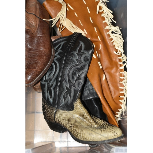 565 - TWO BOXES OF AMERICAN WESTERN STYLE COWBOY BOOTS AND BELTS, to include four pairs of leather 'Cowboy... 