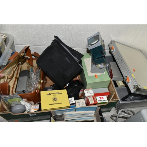 570 - THREE BOXES AND LOOSE CAMERA EQUIPMENT, POSTCARDS, ETC, including a boxed Western Germany tripod, a ... 