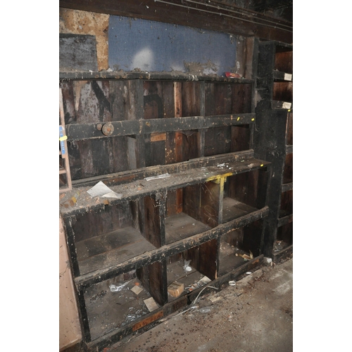 892 - THREE SECTION VINTAGE WORKSHOP SHELVING constructed from painted pine, two section 302 and 300cm lon... 