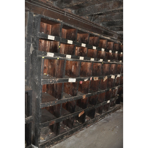 892 - THREE SECTION VINTAGE WORKSHOP SHELVING constructed from painted pine, two section 302 and 300cm lon... 