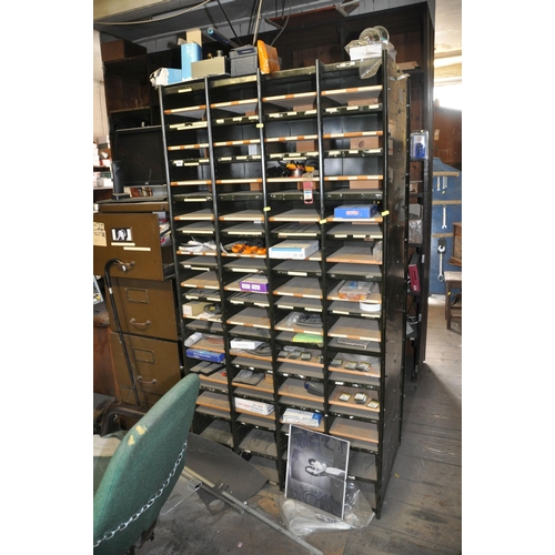 894 - TWO METAL OFFICE SHELVING/PIGEON HOLE UNITS both width 90cm depth 31cm height 183cm (contents of she... 