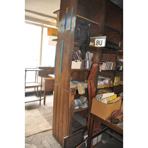 897 - A N EARLY 20TH CENTURY SHOP SHELVING UNIT with later adaptation constructed from painted pine origin... 