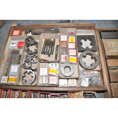 915 - TWO TRAYS CONTAINING BSP, UNF AND WHITWORTH TAPS, DIES AND CHASERS (this lot is located at another l... 