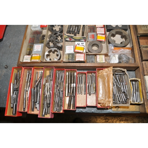 915 - TWO TRAYS CONTAINING BSP, UNF AND WHITWORTH TAPS, DIES AND CHASERS (this lot is located at another l... 