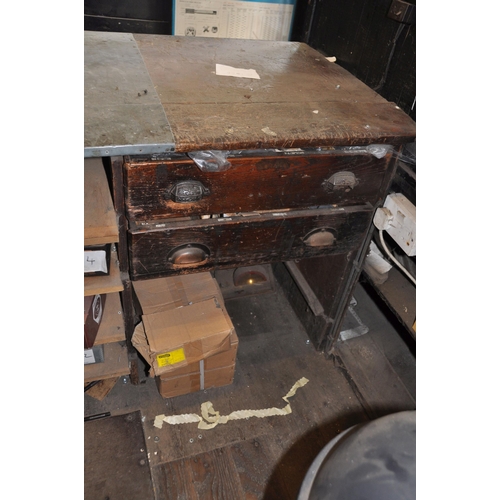 932 - AN EARLY 20th CENTURY SHOP COUNTER with panelled front, pine plant top, zink plate and Rabone and Ch... 