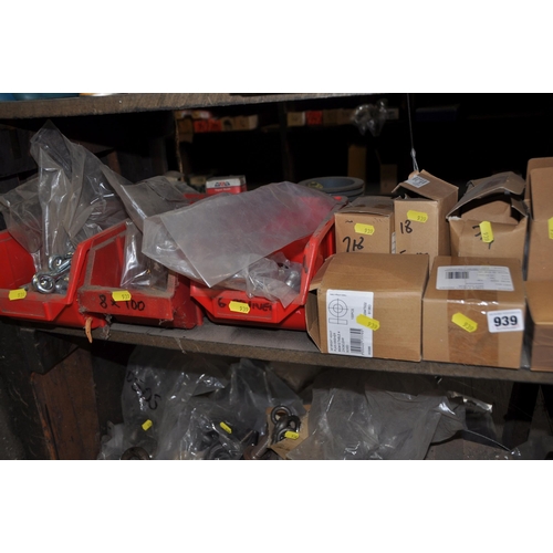 939 - TWELVE PLASTIC TRAYS AND EIGHT BOXES CONTAINING ROPE STRAINERS, eye bolts, washers, S hooks, leather... 