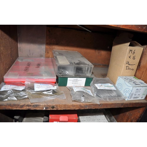 947 - SEVEN PLASTIC TRAYS, NINE PARTIAL AND FULL BOXES AND BAGS containing Woodruff keys, Spring pins, shi... 