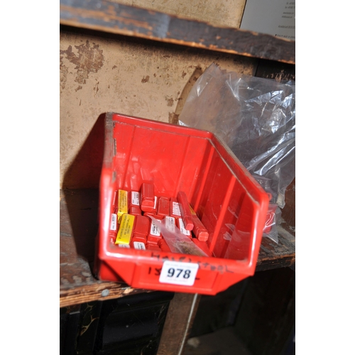 978 - A WORKSHOP BIN CONTAINING TWENTY ONE BOXES AND A PACK OF MICRO DRILL BITS (see pic for sizes)