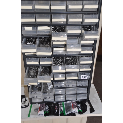 997 - TWO PLASTIC MULTI DRAWERED CABINET CONTAINING A LARGE QUANTITY OF 1/4in HEX DRIVE SCREWDIVER BITS in... 