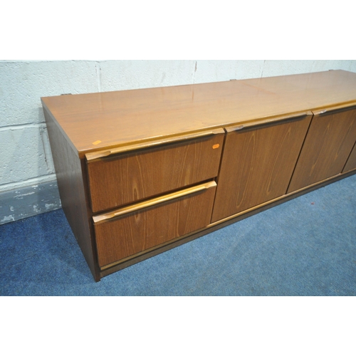 1199 - A MID-CENTURY TEAK SIDEBOARD, with three cupboard doors, besides two drawers, length 183cm x depth 4... 