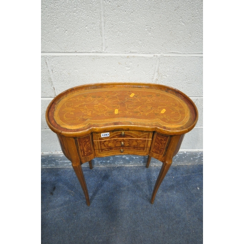 1200 - A 20TH CENTURY WALNUT AND MARQUETRY INLAID KIDNEY SIDE TABLE, with a dish top, and three drawers, wi... 