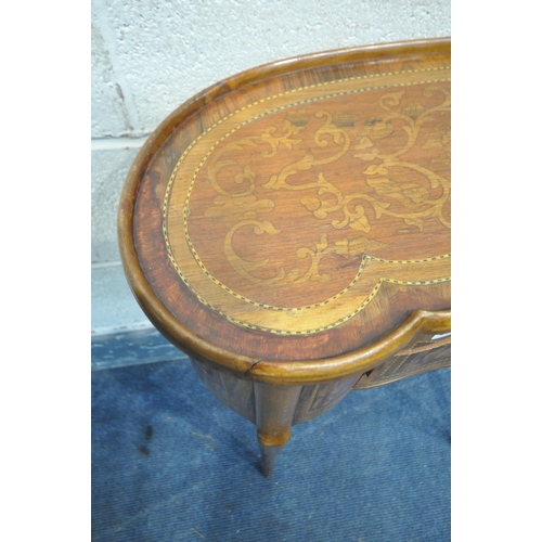 1200 - A 20TH CENTURY WALNUT AND MARQUETRY INLAID KIDNEY SIDE TABLE, with a dish top, and three drawers, wi... 