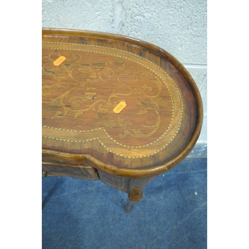 1200 - A 20TH CENTURY WALNUT AND MARQUETRY INLAID KIDNEY SIDE TABLE, with a dish top, and three drawers, wi... 