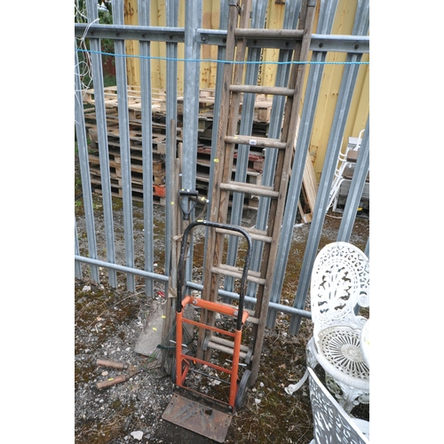 1001 - A SELECTION OF VARIOUS TOOLS, to include a wooden sixteen rung extension ladder, closed length 199cm... 