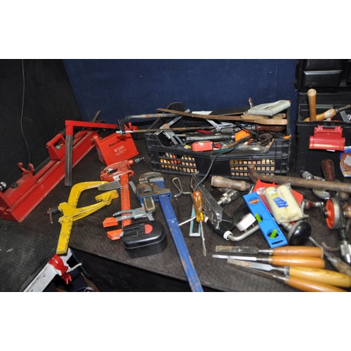 1069 - A PLASTIC TOOLBOX AND A TRAY CONTAINING TOOLS including a Record 24 Stilson, Maples and other wood c... 