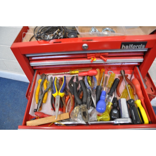 1071 - A HALFORDS STACKING MECHANICS TWO PIECE TOOL CHEST containing spanners, two partial socket sets and ... 