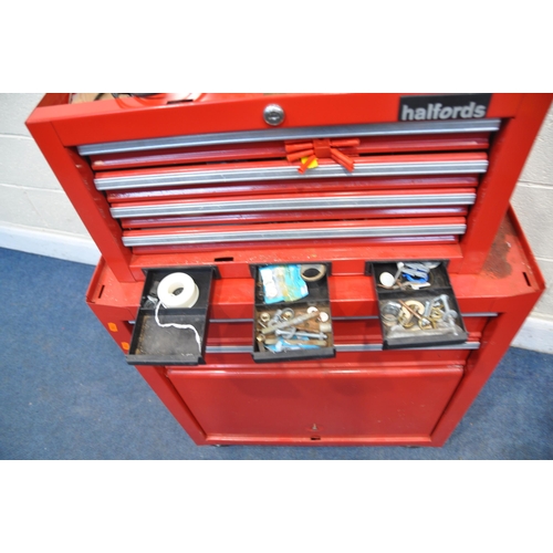 1071 - A HALFORDS STACKING MECHANICS TWO PIECE TOOL CHEST containing spanners, two partial socket sets and ... 