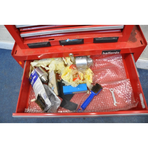 1071 - A HALFORDS STACKING MECHANICS TWO PIECE TOOL CHEST containing spanners, two partial socket sets and ... 