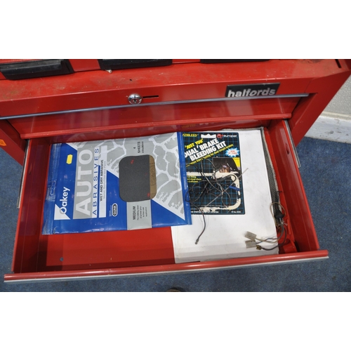 1071 - A HALFORDS STACKING MECHANICS TWO PIECE TOOL CHEST containing spanners, two partial socket sets and ... 